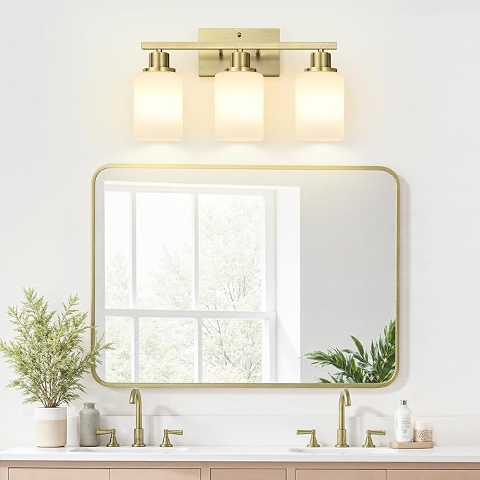 MOKATNG 3-Light Bathroom Light Fixtures, Aged Brass Vanity Light with Milky White Shades, Bathroom Lighting Fixtures Over Mirror, Modern Bathroom Wall Lamp for Mirror Living Room Cabinet Bedroom