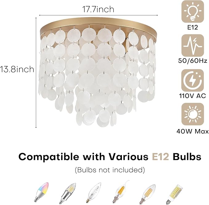 Gold Modern Capiz Shell Ceiling Light Fixture, 17.7" Coastal Flush Mount Lighting for Bedroom, Living Room, Kitchen, Hallway, Nursery, Entryway, Closet, Dining Room | Dimmable Bathroom Chandelier