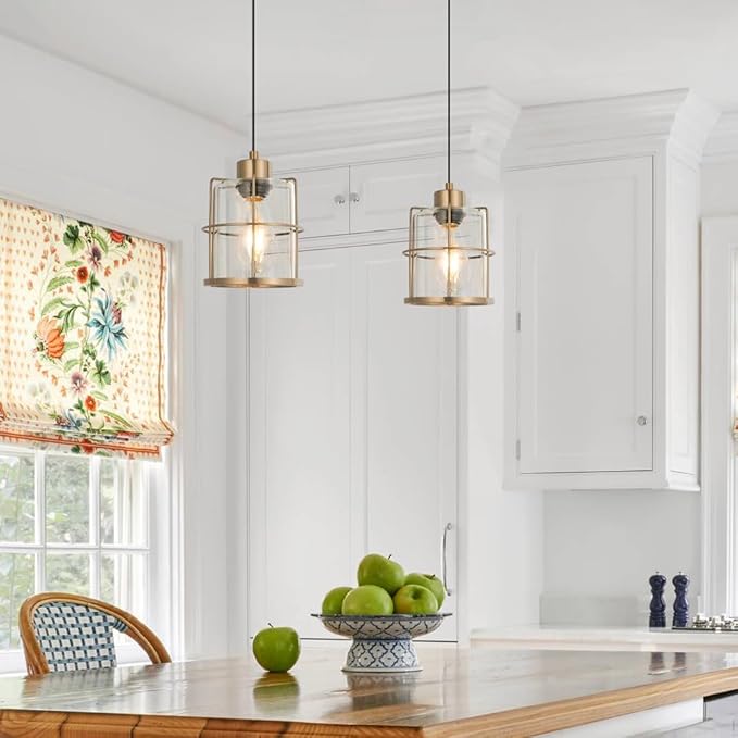 Brass Gold Pendant Light Fixture Set of 2, Modern Pendant Lights Kitchen Island over Sink, Cylinder Bathroom Light Fixture with Clear Glass, Farmhouse Hanging Light Fixture with Adjustable Cord
