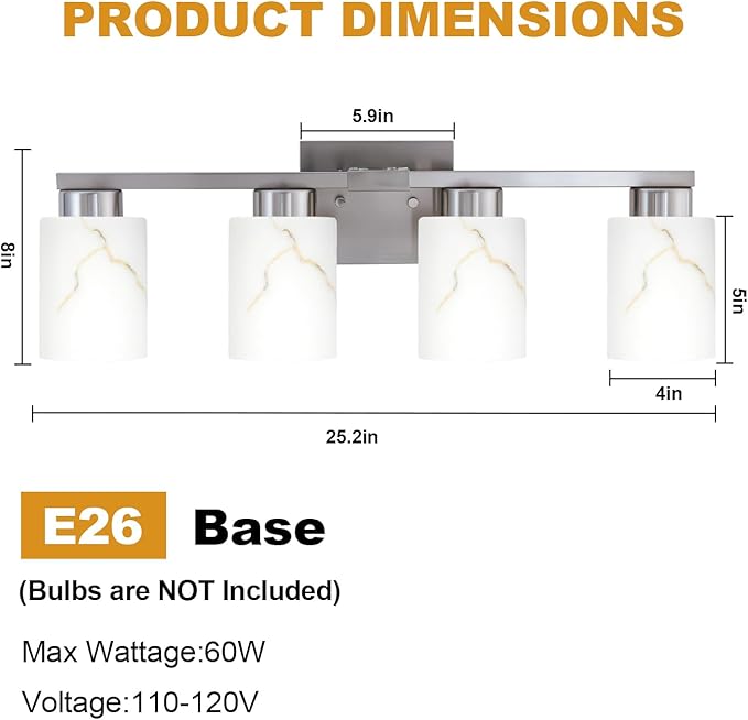 4-Light Bathroom Light Fixtures, Modern Vanity Lights, Brushed Nickel Metal Wall Lamp with White Marble Glass for Bathroom, Mirror, Living Room, Bedroom, Cabinet, Porch, Hallway, E26 Base