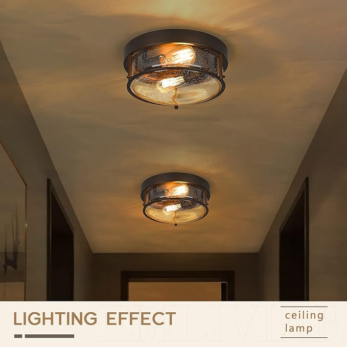 Emliviar 2-Light Ceiling Light Fixture, Farmhouse 12 inch Close to Ceiling Light with Seeded Glass, Oil Rubbed Bronze Finish, GE263F ORB