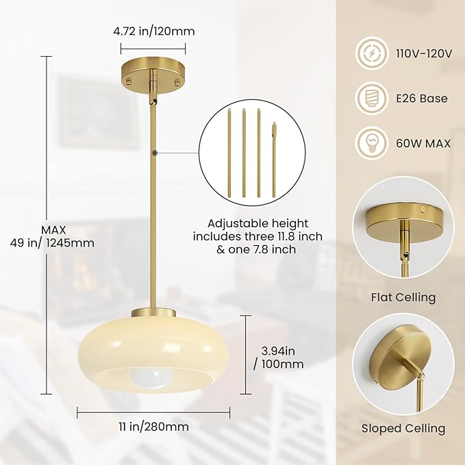 Yunnix Semi Flush Mount Ceiling Light, Gold Light Fixture, Mid-Century Modern Farmhouse Milk Glass Small Light Fixtures for Hallway, Bathroom, Kitchen, Bedroom, Living Room, Closet, Laundry