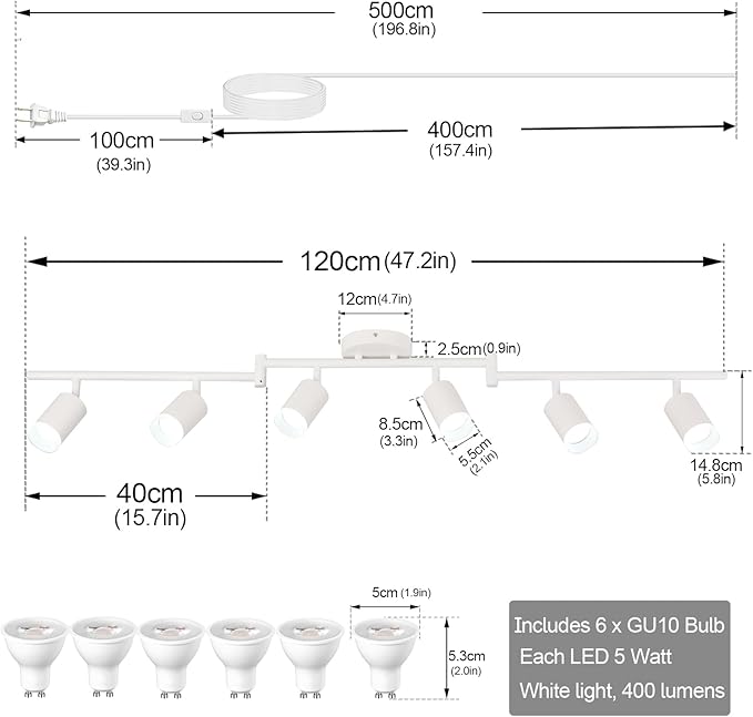Plug in Track Lighting Kit, 120cm LED 6 Light Kitchen Track Lighting Corded Wall Light with 16.4ft Cord 6 Way Ceiling Spot Lighting Flexibly Rotatable Head Includes 6xGU10 Bulb (6 White-Acrylic-120cm)