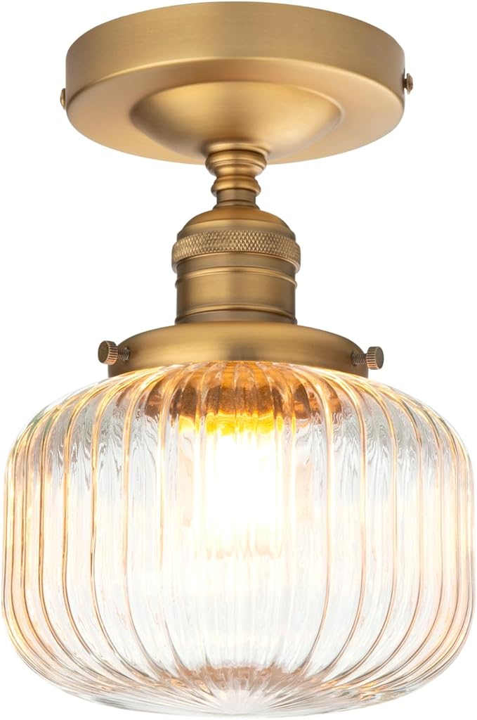 PERMO Small Semi-Flush Mount Ceiling Light Flat Ribbed Glass Shade, Antique Gold Finish, Modern Hallway Lighting Fixture