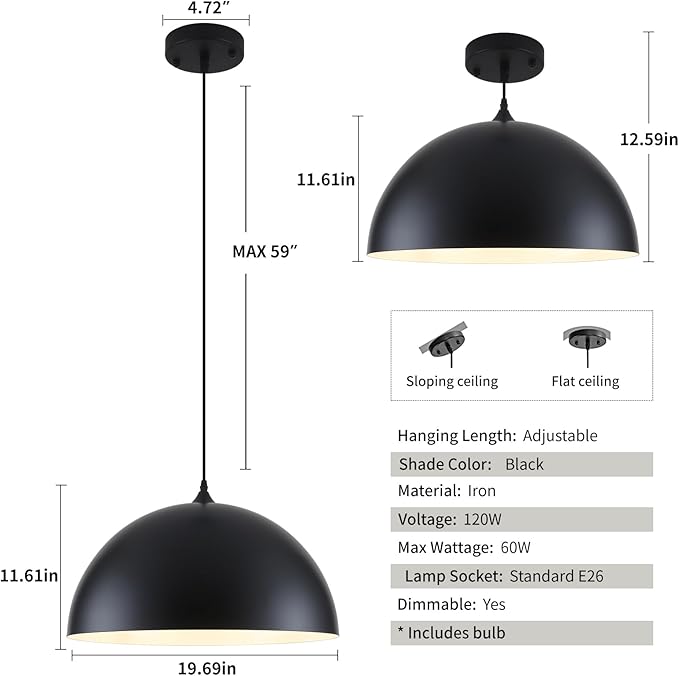 Large Pendant Lights Kitchen Island, 19.7 Inch Black and White Dome Pendant Light，Black Farmhouse Pendant Light, Modern Industrial Kitchen Pendant Lighting Over Island, Dining Room, 2 Pack