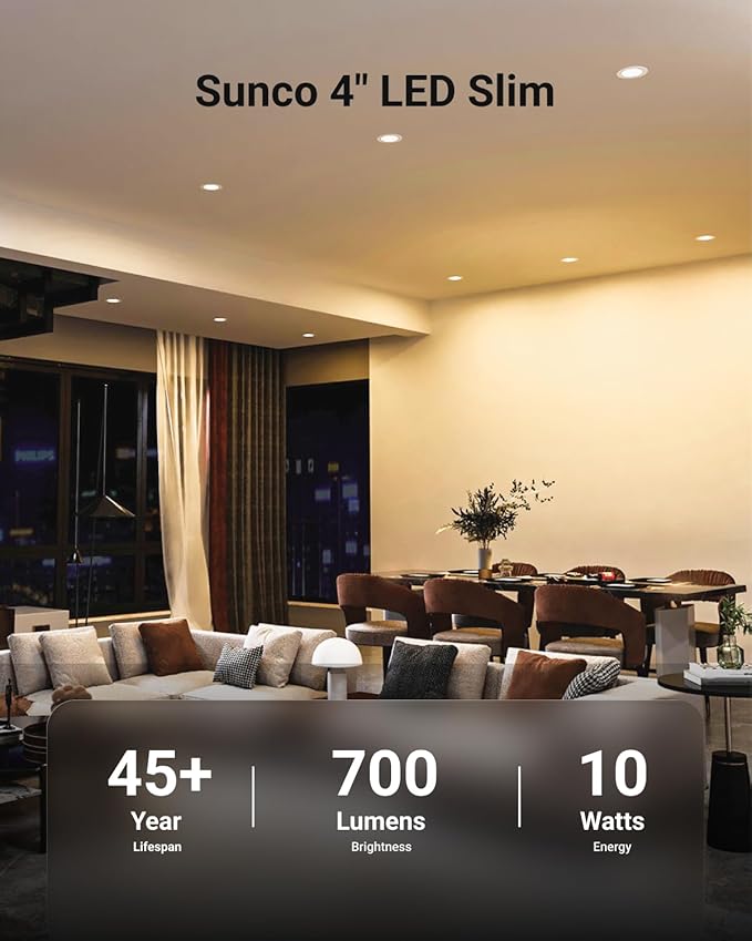 Sunco 24 Pack 4 Inch LED Recessed Lights, Slim Canless Ceiling Lighting, 650 LM, 10W (60W Equivalent), 3000K Warm White, Dimmable, Wafer Thin, Ultra Thin with Junction Box ETL.