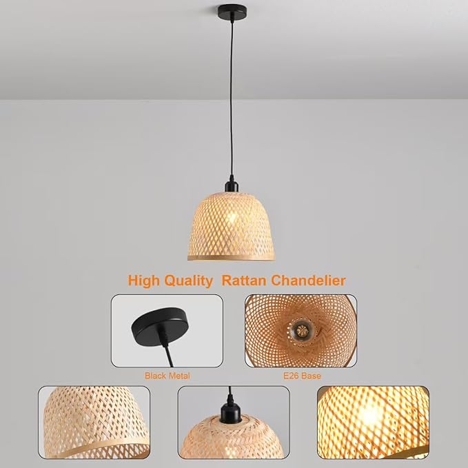 3-Pack Rattan Pendant Light,11.02 Inch Bamboo Pendant Light Fixture,Handwoven Wicker Pendant Light for Kitchen Island,Coastal Chandelier for Dining Room Foyer Stairway Hallway