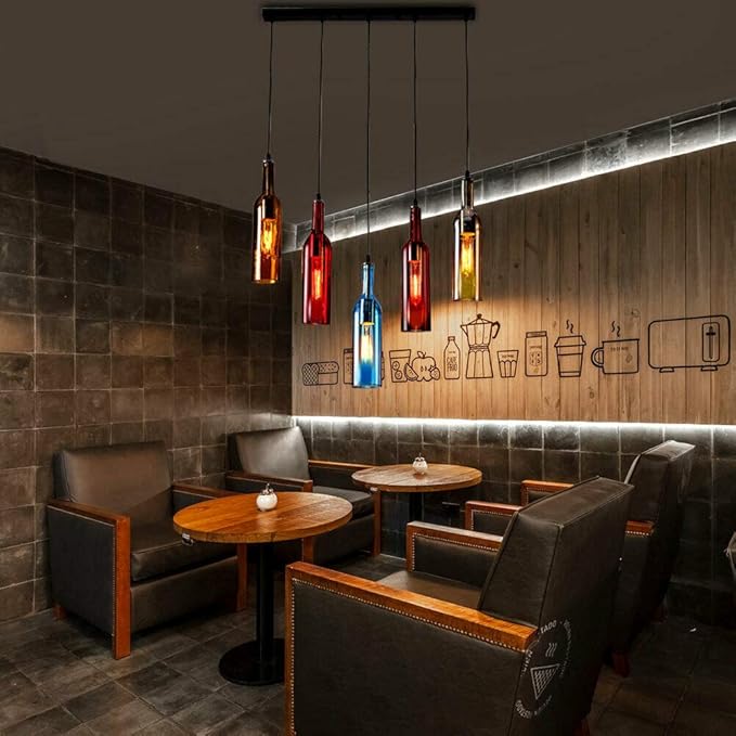 5-Head Colorful Beer Bottle Chandelier, Industrial Ceiling Light Vintage Pendant Lamp, Wine Glass Bottle Chandelier Pendant Lighting Fixture Hanging Lamp Height Adjustable, E27 Lamp Holder