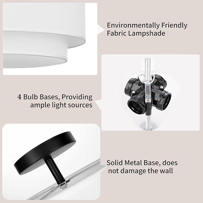 FRIDEKO HOME Ceiling Light Fixture-17.7 inch Light Fixtures Ceiling Mount with 2-Layer Fabric Shade Drum Lights for Living Room Kitchen Foyer Hallway