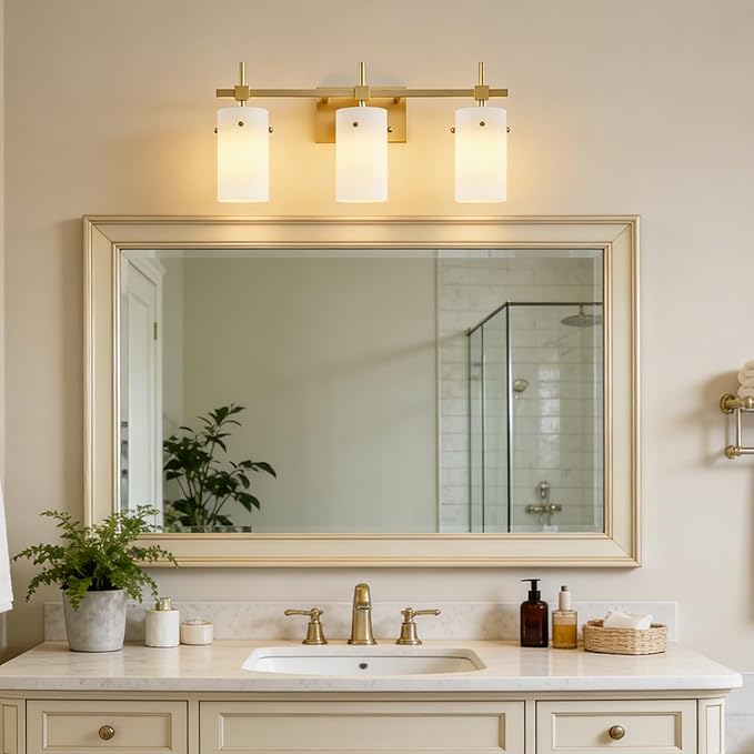 SOLFART 3-Light Bathroom Vanity Light, Modern Brushed Gold Wall Lights with Milky White Clear Glass Shades, Bathroom Wall Sconce Lamp for Mirror Living Room Bedroom Hallway (Bulbs Not Included)