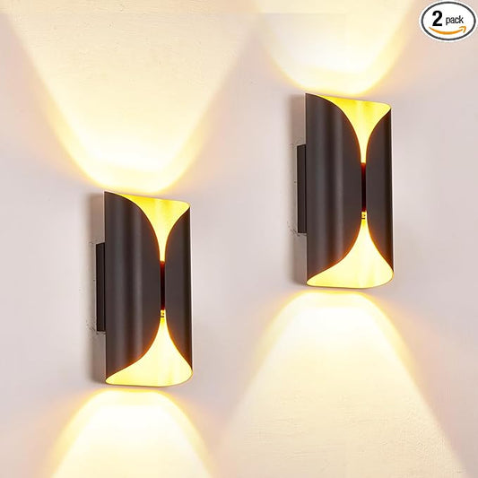 2 Pack Black & Gold Aluminum LED Wall Sconces, IP65 Waterproof Indoor Outdoor Wall Lights, 1200LM 12W 120V CRI90+ 2700K-5000K 5CCT Dimmable, ETL FCC Listed for Bedroom Living Room Porch