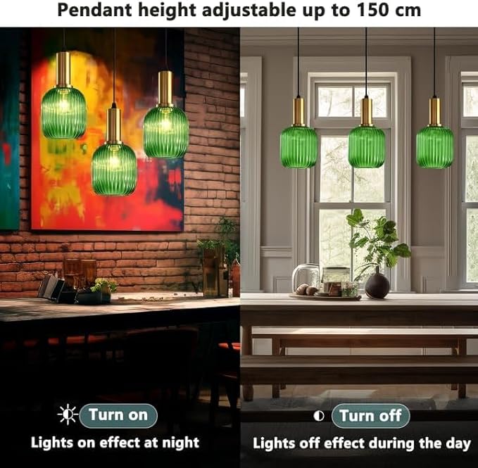 Stunning Green Striped Glass Pendant Light Fixture, 7.87", Bonus 2 A60 Bulbs Included, 2-Pack with Flexible Cords – Enchanting Addition to Kitchen Island, Bedroom Décor
