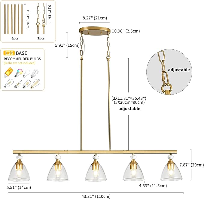 5-Light Gold Finish Kitchen Island Pendant Lighting with Clear Glass Shades for Dining Table, Kitchen Island, Living Room