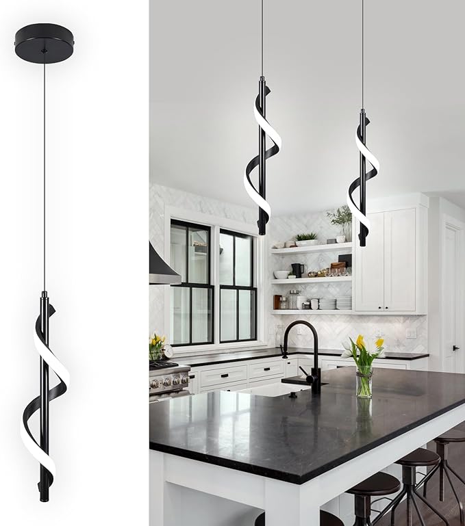 13W Modern Spiral Led Pendant Light Fixture, Cold White 5500K Minimalist Integrated LED Hanging Lamp, Adjustable Hanging Island Light Fixture For Bedroom Living room Kitchen Sink, 1 Pack (Black)