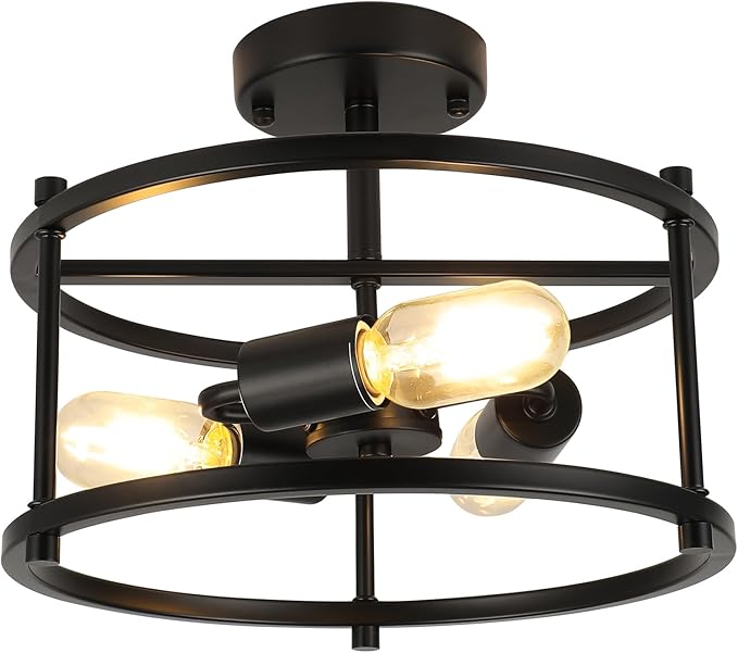 Semi Flush Mount Ceiling Light 12.59'' Farmhouse Black Ceiling Light Fixtures Industrial Kitchen Light Fixtures 3-Light Metal Cage Ceiling Lights for Bedroom, Living Room, Hallway, Foyer