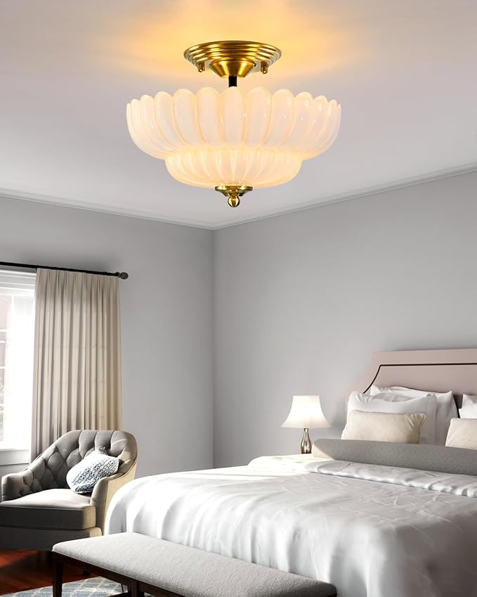 3-Light Vintage Semi Flush Mount Ceiling Light, Milk Glass Flower Shade with Brass Finish, Retro Gold Ceiling Light Fixture for Bedroom Hallway Kitchen Entryway
