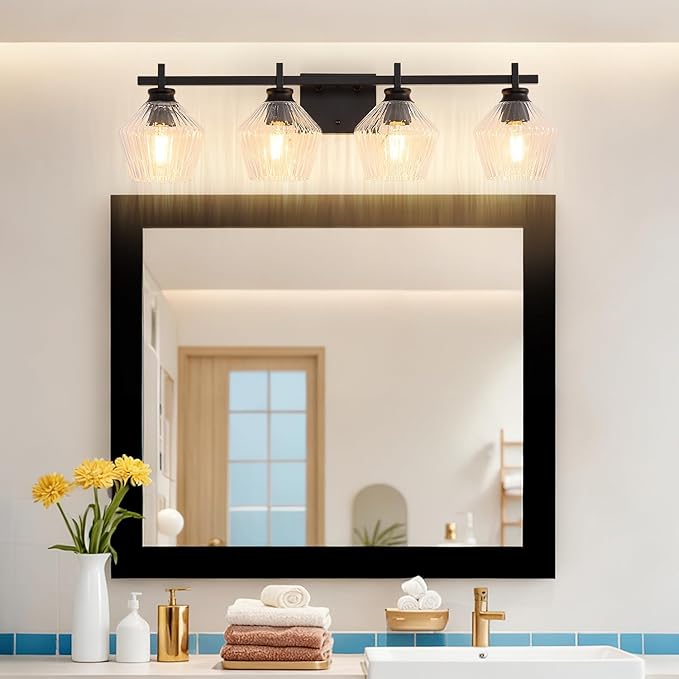30.35in Modern Bathroom Light Fixtures, 4 Light Vanity Light, Black Wall Lamp with Ribbed Wine Glass Shades, Bathroom Wall Sconce Lamp for Mirror Living Room Bedroom Hallway