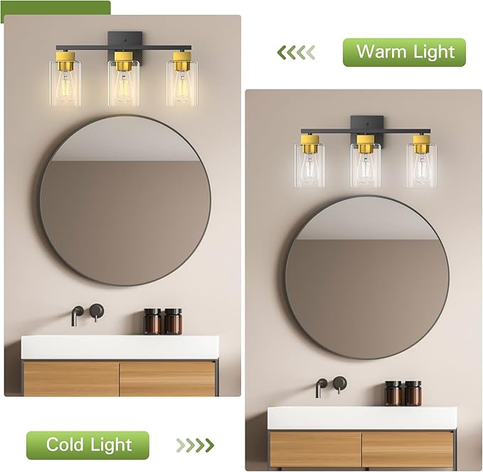 Black and Brushed Gold Bathroom Vanity Light, 3-Light Vanity Lighting fixtures Over Mirror, Square Design & UL Certification, Wall Sconces with Clear Glass Shades, E26 Socket (Bulbs Not Included)