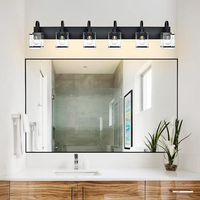 6 Light Bathroom Vanity Lights Fixtures, Black Bathroom Wall Lights Modern Bath Wall Mounted Lights with Clear Glass Shade Wall Light for Mirror Bed Hallway (E26 Base)