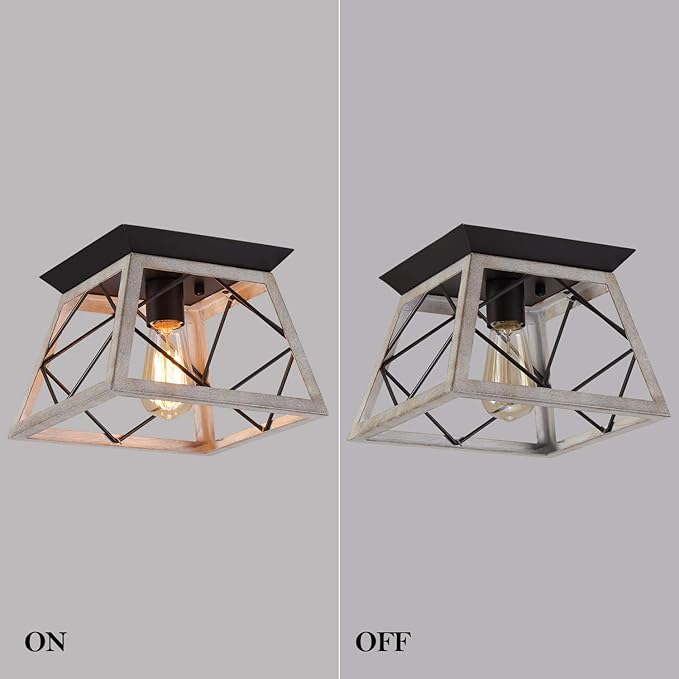 Q&S Rustic Farmhouse Ceiling Light Fixture Flush Mount Vintage Ceiling Lights for Hallway Entryway Kitchen Dining Room Bedroom,Wrought Iron Oak White and ORB 1 Light E26
