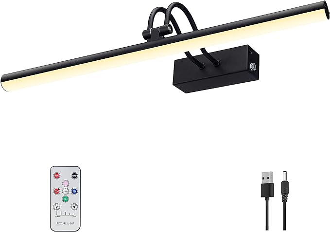 RAIFOOLLY Picture Light, Cordless Picture Lights for Wall, 16 Inch Picture Lights with Timer and Dimmable, 5000mAh Battery Wall Lights for Display Gallery Painting Art Frame Portrait - Black, Metal