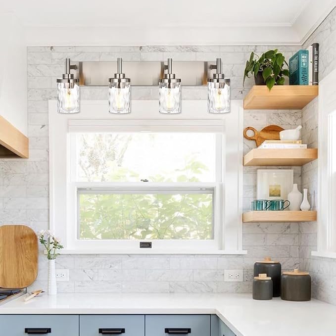 Bathroom Vanity Lighting Fixtures 4 Lights,Brushed Nickel Bathroom Vanity Lights with Clear Hammered Shade Wall Sconce Lighting Modern Farmhouse Bath Lighting