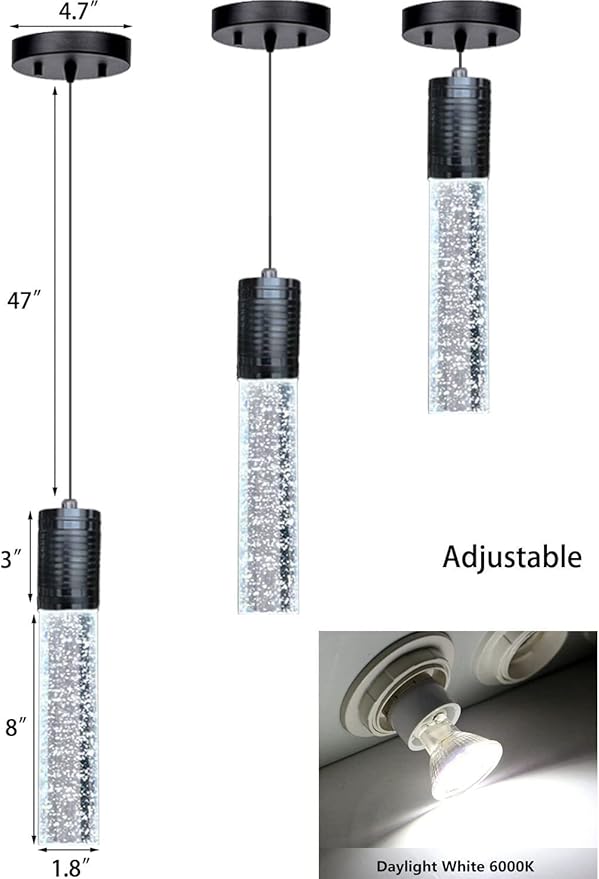 HAIXIANG Modern Kitchen Island Hanging Light Fixtures Crytstal Pendant Lighting for Kitchen Island Black Mini Chandelier with 6000K Daylight Bulb