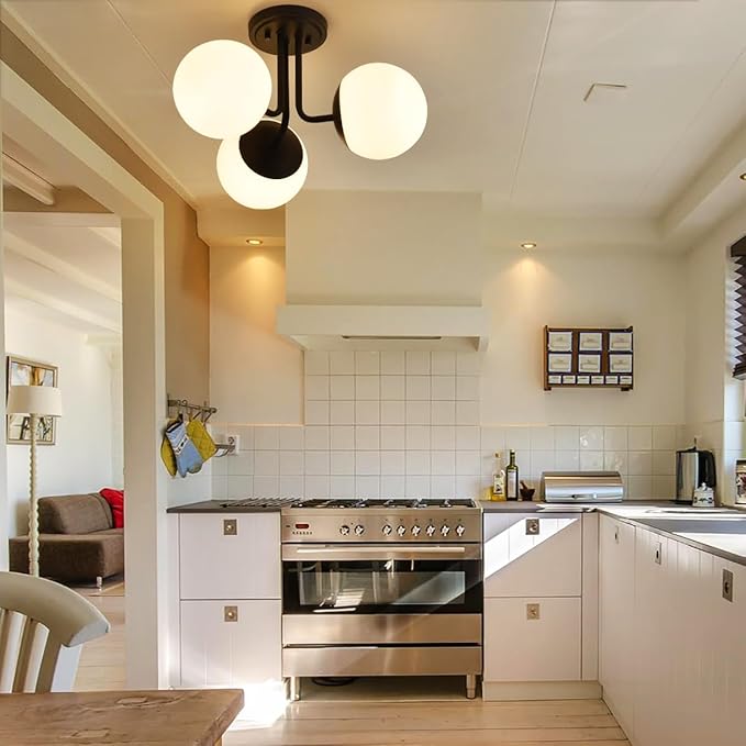 3 Light Semi Flush Mount Ceiling Light Fixture, Modern Globe Chandelier, Sputnik Farmhouse Lighting for Kitchen Bedroom Bathroom Living Room Corridor Laundry Room Bar (Matte Black)