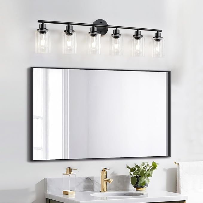 6-Light E26 Black Bathroom Vanity Lights, Modern Bathroom Light Fixtures with Clear Glass Shade, Wall Lamps for Mirror Hallway Kitchen Cabinet Living Room Sconces Lights