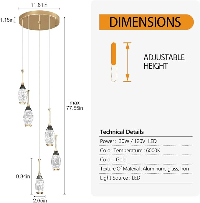 Modern Black Gold Pendant Light Dimmable LED Ceiling Light Fixtures Mini Teardrop Crystal Pendant Lighting for Kitchen Island Bedroom Hallway Entryway (5 Light，Champagne Gold)