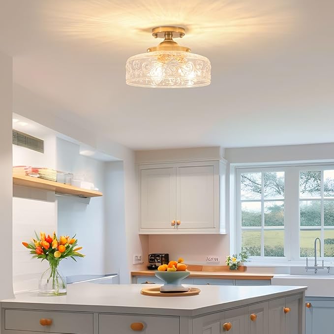 Gold Semi Flush Mount Ceiling Light, 3-Light Close to Ceiling Light with Globe Glass, Vintage Hallway Lights, Brass Closet Light Fixture, Kitchen Flush Ceiling Mount for Entryway Bedroom Bathroom,E12