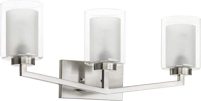 XiNBEi Lighting Brushed Nickel Bathroom Vanity Light, Modern 3-Light Bathroom Light Fixture with Dual Glass Shade Iron Wall Sconce Lighting Over Mirror XB-W1294-3-BN