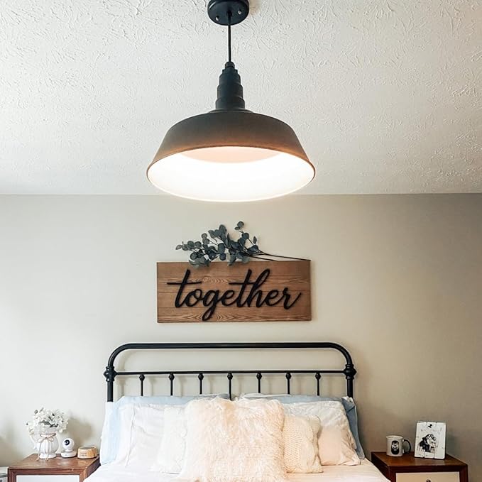 Steel Lighting Co. Manhattan Warehouse Light | Ceiling Mounted Pendant | 20 inch Dome | White Cord | Large Steel Barn Light Made in America | Black Exterior/White Interior