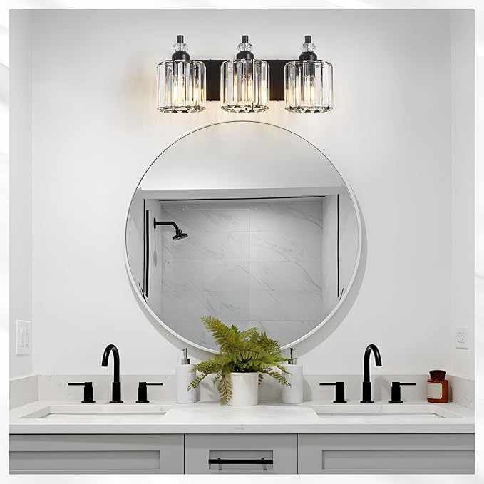 3-Light Black Bathroom Light Fixtures Over Mirror Modern Vanity Lights Crystal Wall Sconce Vintage Bathroom Lighting with Crystal Shade E26 Base for Bedroom, Living Room, Hallway