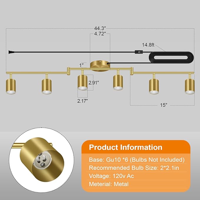 Plug in Track Lighting LED, Track Lighting Fixtures Ceiling, Gold 6-Light Kitchen Light Kit, Plug in Wall Light with 14.8ft Power Cord, Rotatable Ceiling Spotlight for Bedroom(GU10 Socket, NO Bulb)