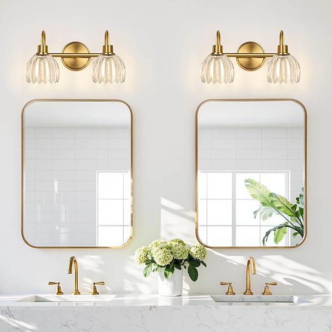 Bathroom Vanity Light (2-Light, 15 in), Brushed Gold Vanity Lights for Bathroom with Ribbed Clear Tulip Glass Shade, Vintage Vanity Wall Lights for Mirror Bedroom Living Room Hallway