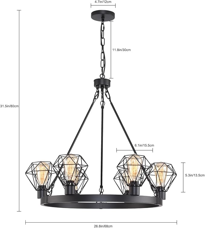 Wagon Wheel Chandelier Modern Farmhouse Pendant Light,Black Farmhouse Chandelier, 6-Light Wagon Wheel Chandelier with Adjustable Height, Dining Room Light Fixture, Hanging Lights