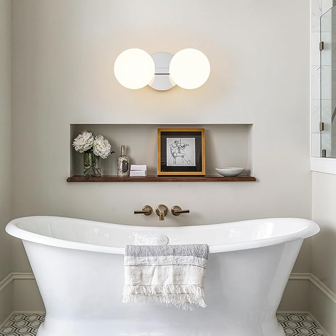 Globe Bathroom Vanity Light Fixtures: Chrome Wall Scones With 2 Milk Glass Shade - Modern Makeup Lighting Fixture over Mirror - Brass Ball Powder Room Vanities Lights for Hallway Bedroom Bulb Excluded