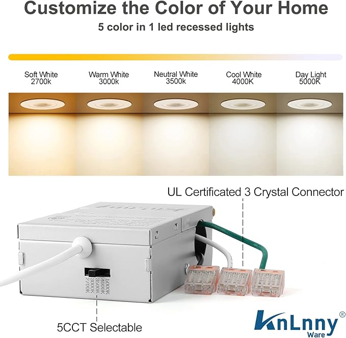 KnLnny Ware Square Gimbal Recessed Lighting 4 Inch 6 Pack,Eyeball Led Lights with Junction Box,5CCT Selectable,9W 750LM,Dimmable