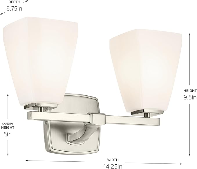 Kichler Marant 2-Light Bathroom Vanity Light Fixture with Opal Glass, 14.25" Modern Wall Mount Light in Brushed Nickel for Bathroom, Powder Room, Over Mirror (14.25" W x 9.5" H), 55215NI