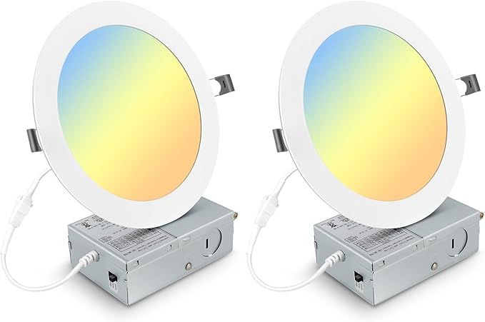 Elaruslux 2 Pack 7 Inch 3CCT Ultra-Thin LED Recessed Light with Junction Box, 3000K/4500K/6000K Selectable, 18W Eqv 125W, Dimmable Canless Downlight, 1600LM High Brightness