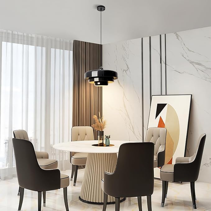 Black Mid Century Pendant Light, 59" Adjustable Hanging Cord with 3-Layer Metal Shade, Modern Chandelier for Dining Room, Kitchen Island, and Bedroom