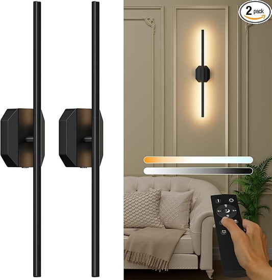 Battery Operated Wall Sconce Set of Two,Wireless Wall Sconces USB Rechargeable Wall Lights with Remote Control,3000K-6000K Dimmable for Bedroom,Background Wall,Living Room,Hallway,Wall Decor,28inch
