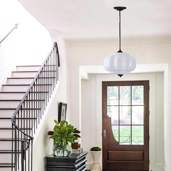 Milk White Glass Pendant Light Vintage Schoolhouse Lighting Opal Glass Chandelier Traditional Black Semi Flush Mount Ceiling Light for Bedroom Kitchen Dining Room
