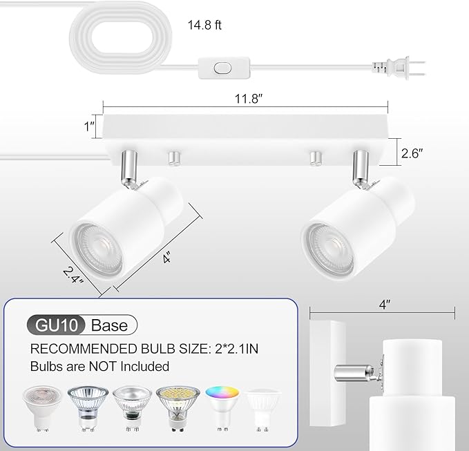 Plug in Track Lighting Fixtures Ceiling, White Track Light LED, 2-Light Track Lights with Cord, 2 Way Ceiling Spotlight, Rocker Switch, Rotatable Wall Mount Light for Kitchen/Bedroom,Bulb Not Included