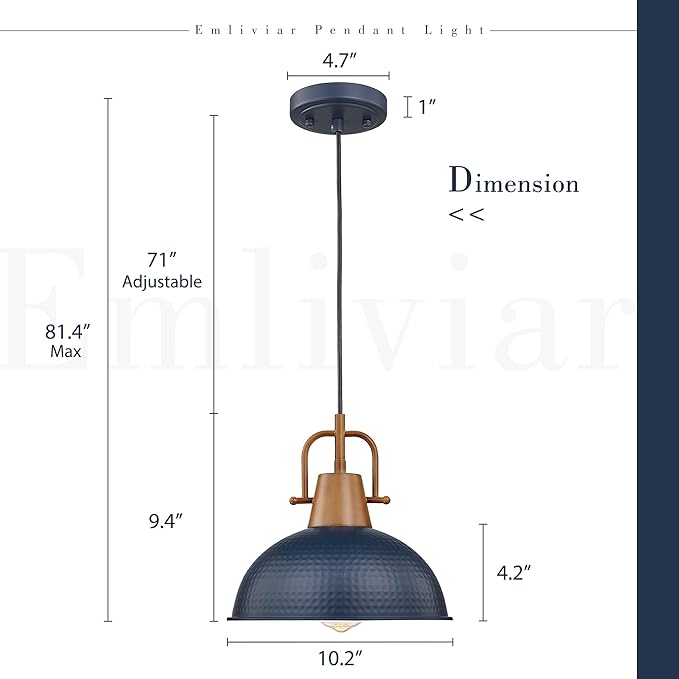 Emliviar 2 Pack Blue Hammered Pendant Light, Metal Haning Lighting Fixtures with Wood Grain Part, GE269MIL-2 BL+WD