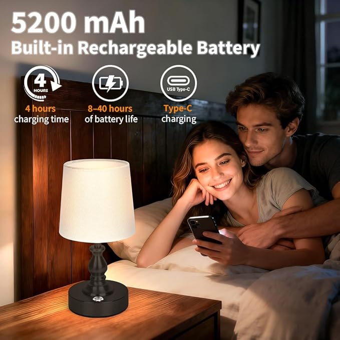 AUAUY Table Lamp for Bedroom, 5200mAh Battery Powered Touch Bedside Lamps, Rechargeable Desk Lamp Cordless, 3 Way Dimmable, Nightstand Lamps with Fabric Shade for Home Living Room Office Study, Black
