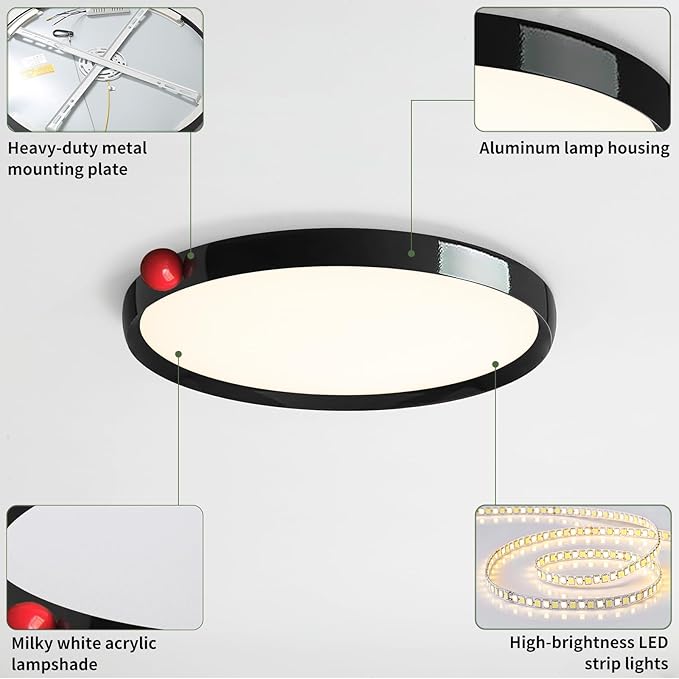 Black Round Flat Panel Light, Dimmable Modern Flush Mount Ceiling Light Fixture,24W 3000K/4000K/5000K,Fits for Hallway Kitchen Bedroom Living Room Closet Room