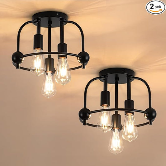 3 Light Industrial Ceiling Light Black Semi Flush Mount Lights Close to Ceiling Light Fixtures,cage Design Farmhouse Ceiling Lighting for Kitchen Bedroom Bathroom Foyer Hallway (E26, 2Pack)