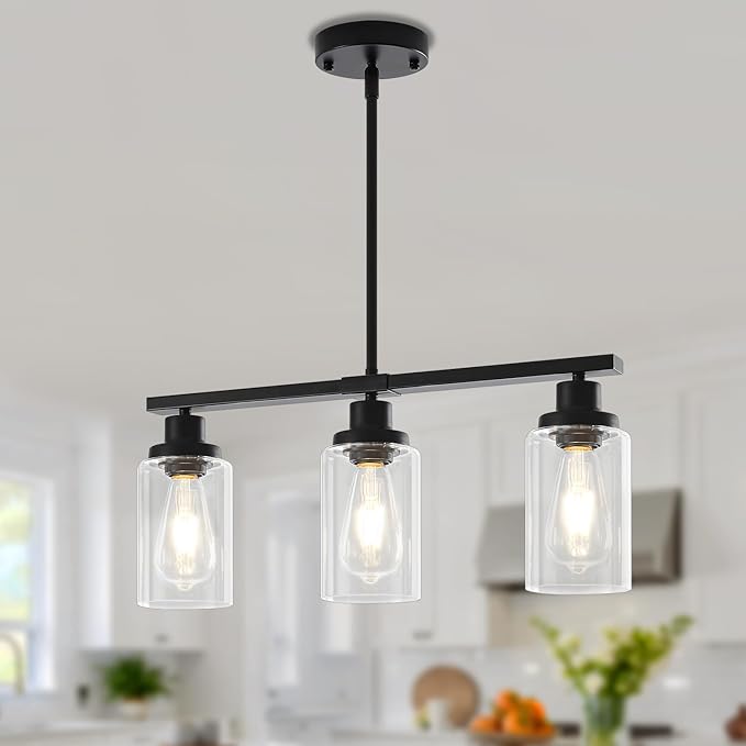 Modern Island Lights for Kitchen Black Dining Room Light Fixtures Over Table 3-Light Farmhouse Linear Chandelier Clear Glass Kitchen Lights Ceiling Adjustable Hanging Pendant Lighting Over Island